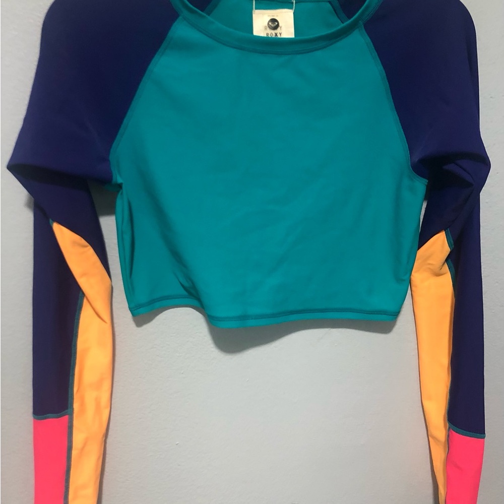 Roxy Green and Blue Fitted Crop Swim Top
